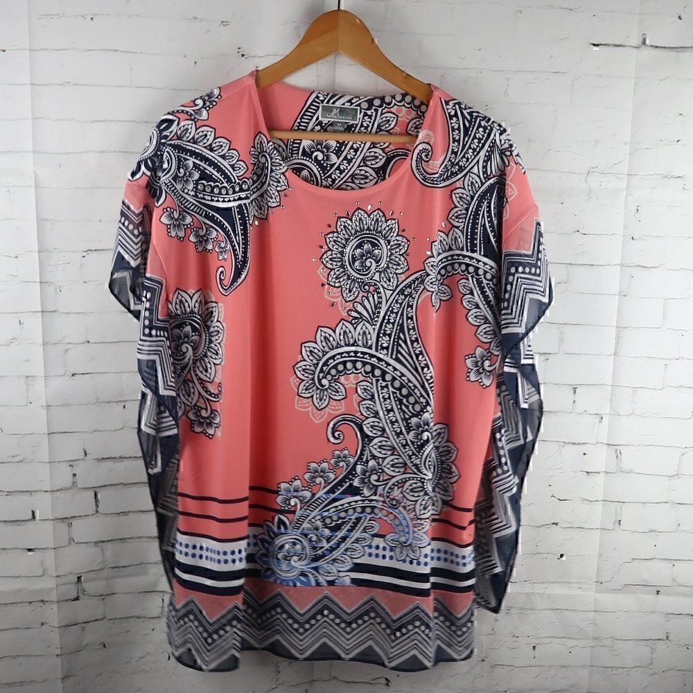 JM COLLECTION PINK & BLACK PAISLEY RHINESTONE DETAIL CHIFFON SLEEVE BLOUSE MED